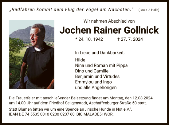 Todesanzeige von Jochen Rainer Gollnick von OFOF