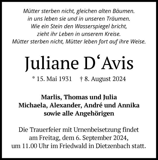 Todesanzeige von Juliane DAvis von OF