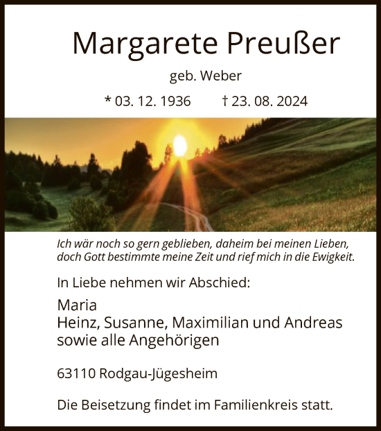 Todesanzeige von Margarete Preußer von OF