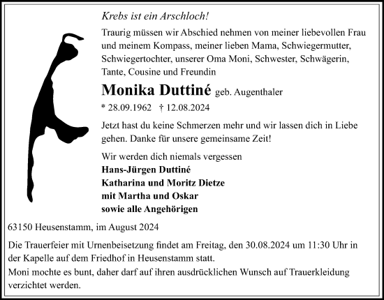 Todesanzeige von Monika Duttiné von OF