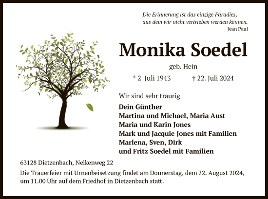 Todesanzeige von Monika Soedel von OF