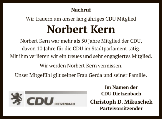 Todesanzeige von Norbert Kern von OF