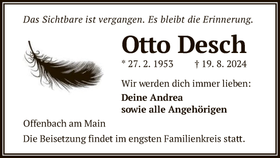 Todesanzeige von Otto Desch von OF