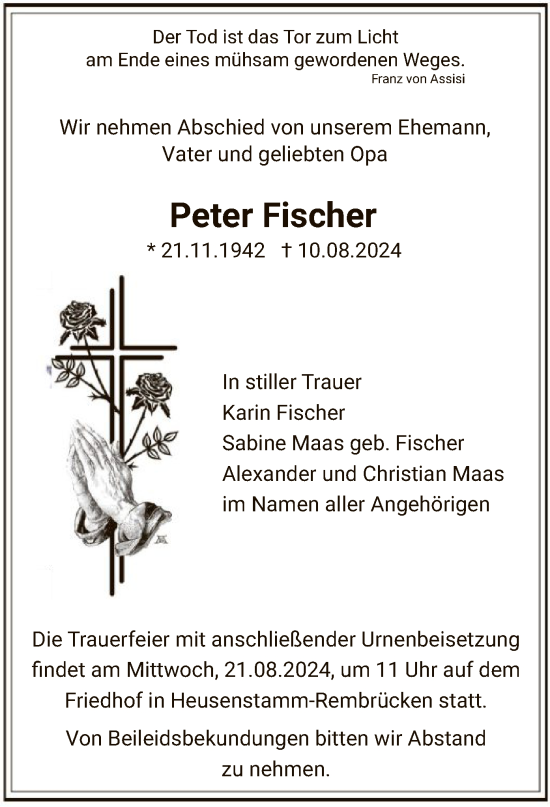 Todesanzeige von Peter Fischer von OF