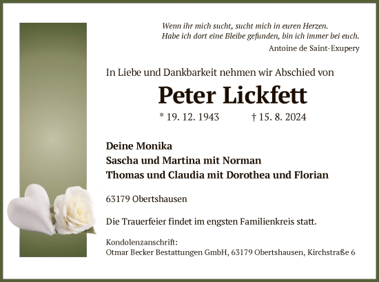 Todesanzeige von Peter Lickfett von OF