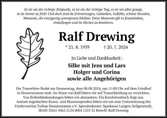 Todesanzeige von Ralf Drewing von OF