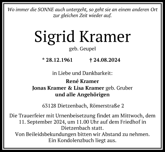 Todesanzeige von Sigrid Kramer von OF