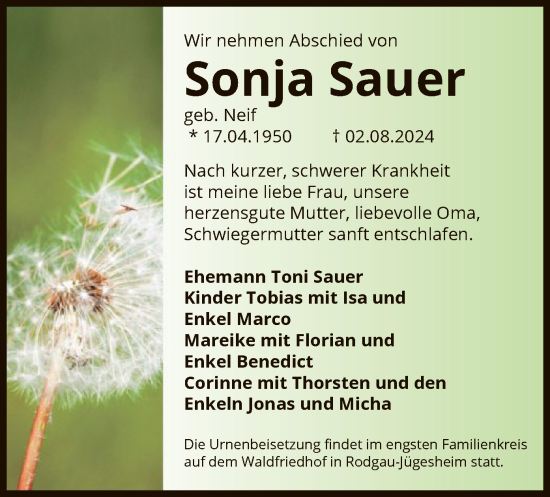 Todesanzeige von Sonja Sauer von OF