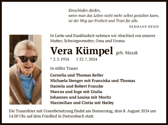 Todesanzeige von Vera Kümpel von OF