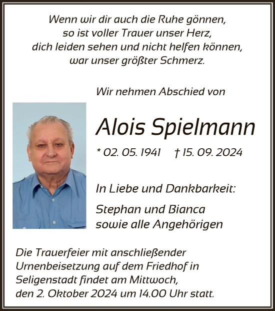 Todesanzeige von Alois Spielmann von OF