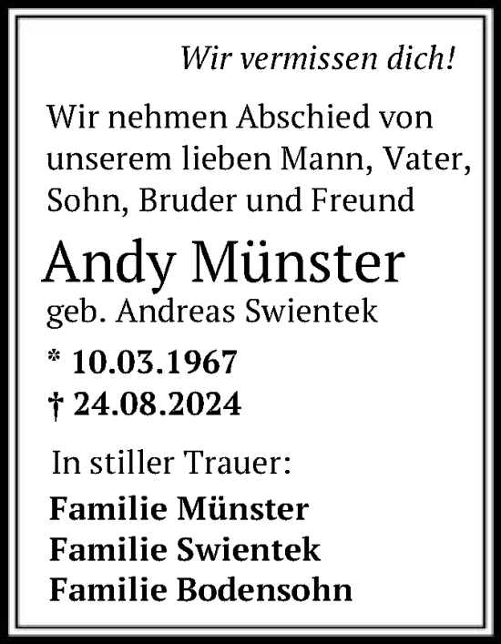 Todesanzeige von Andy Münster von OF