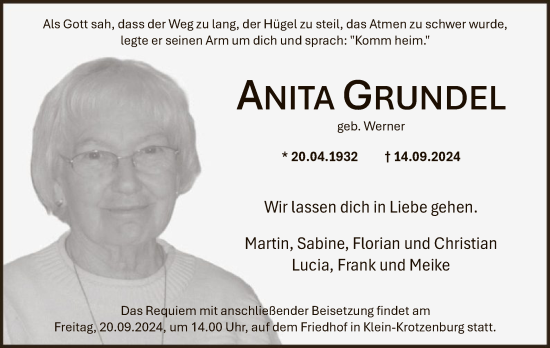 Todesanzeige von Anita Grundel von OF