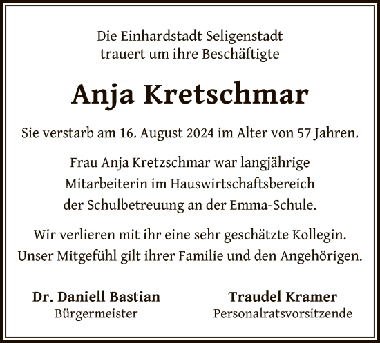 Todesanzeige von Anja Kretschmar von OF