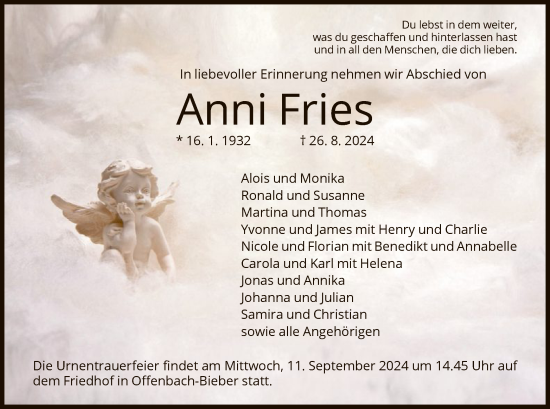 Todesanzeige von Anni Fries von OF