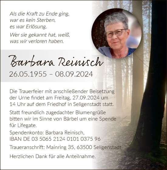 Todesanzeige von Barbara Reinisch von OF