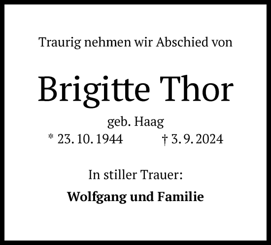 Todesanzeige von Brigitte Thor von OF