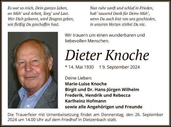 Todesanzeige von Dieter Knoche von OF