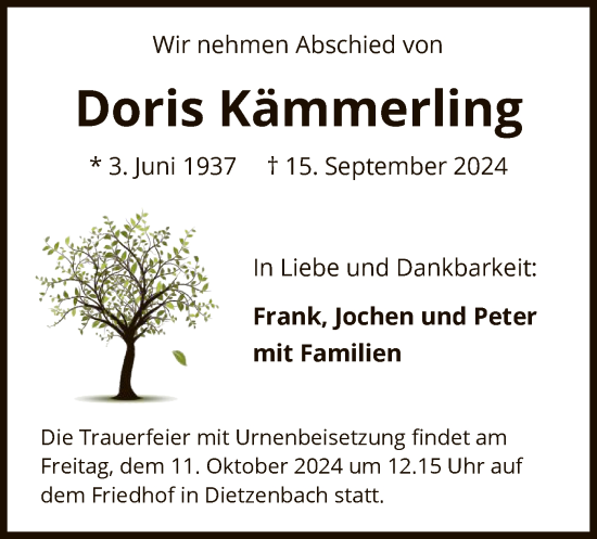 Todesanzeige von Doris Kämmerling von OF