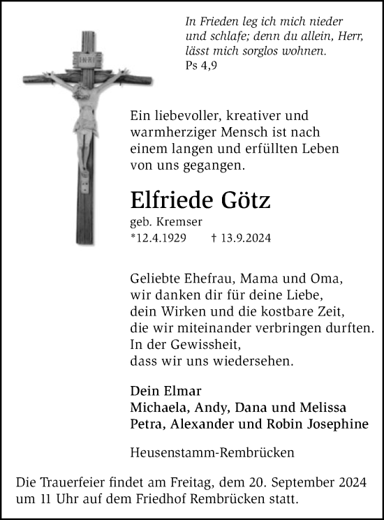 Todesanzeige von Elfriede Götz von OF