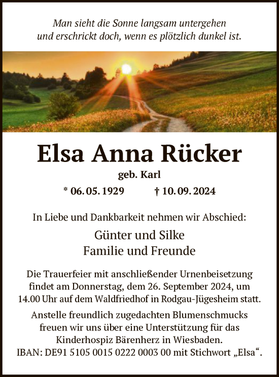 Todesanzeige von Elsa Anna Rücker von OF