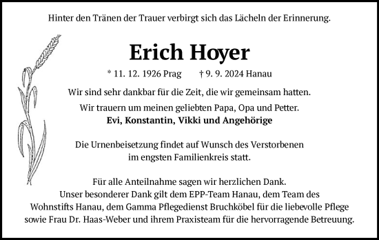 Todesanzeige von Erich Hoyer von OF