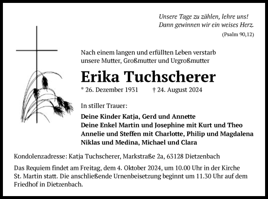 Todesanzeige von Erika Tuchscherer von OF