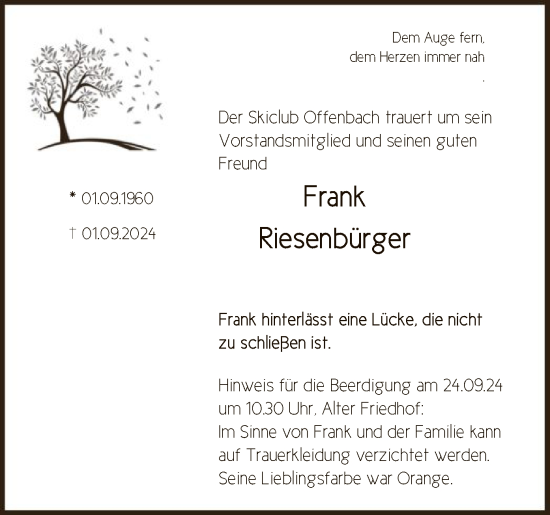 Todesanzeige von Frank Riesenbürger von OF