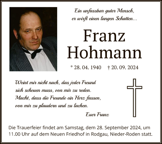 Todesanzeige von Franz Hohmann von OF