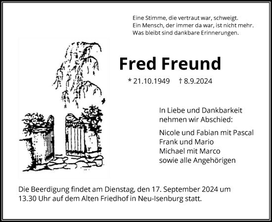 Todesanzeige von Fred Freund von OF