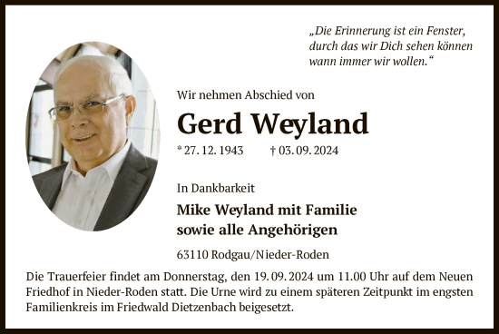 Todesanzeige von Gerd Weyland von OF