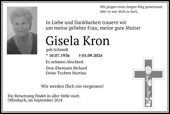 Todesanzeige von Gisela Kron von OF