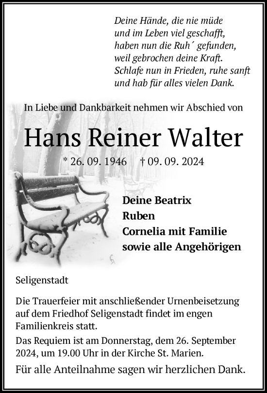 Todesanzeige von Hans Reiner Walter von OF