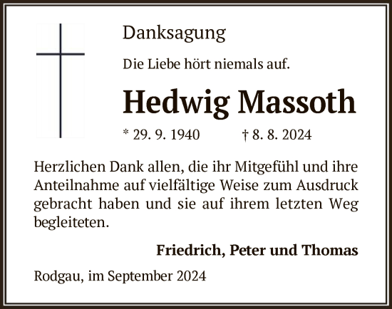 Todesanzeige von Hedwig Massoth von OF