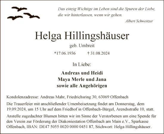 Todesanzeige von Helga Hillingshäuser von OF