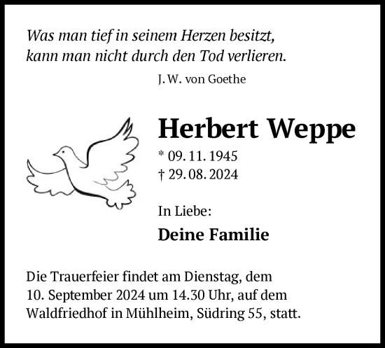 Todesanzeige von Herbert Weppe von OF