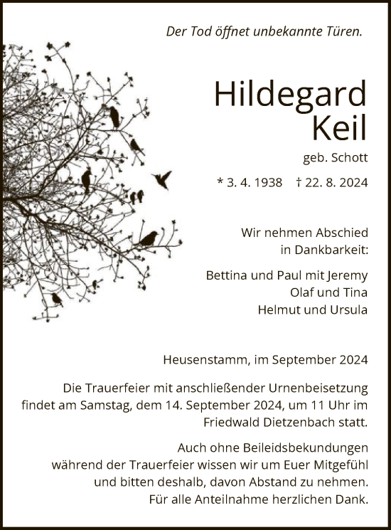 Todesanzeige von Hildegard Keil von OF