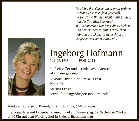 Todesanzeige von Ingeborg Hofmann von OFOF