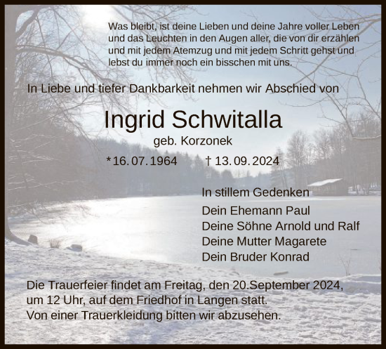 Todesanzeige von Ingrid Schwitalla von OF