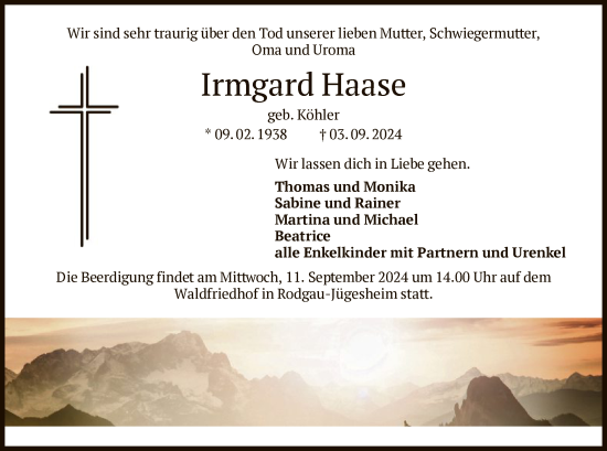 Todesanzeige von Irmgard Haase von OF