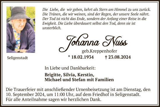 Todesanzeige von Johanna Nuss von OF