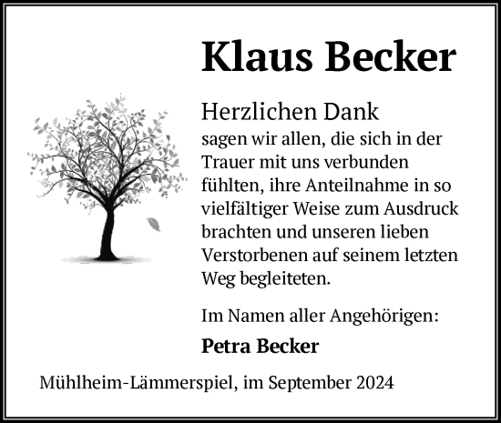 Todesanzeige von Klaus Becker von OF