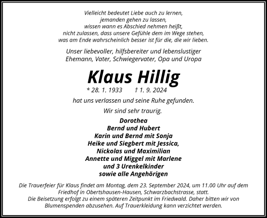 Todesanzeige von Klaus Hillig von OF