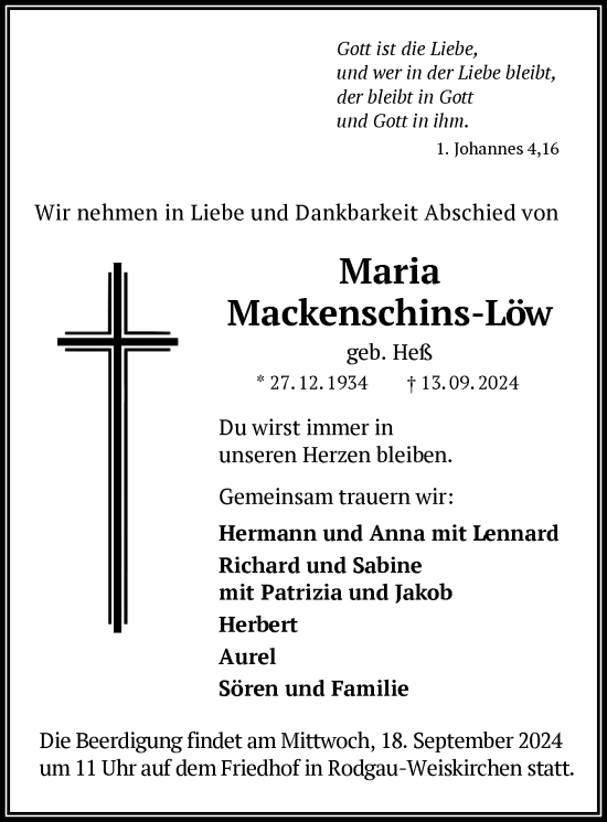 Todesanzeige von Maria Mackenschins-Löw von OF