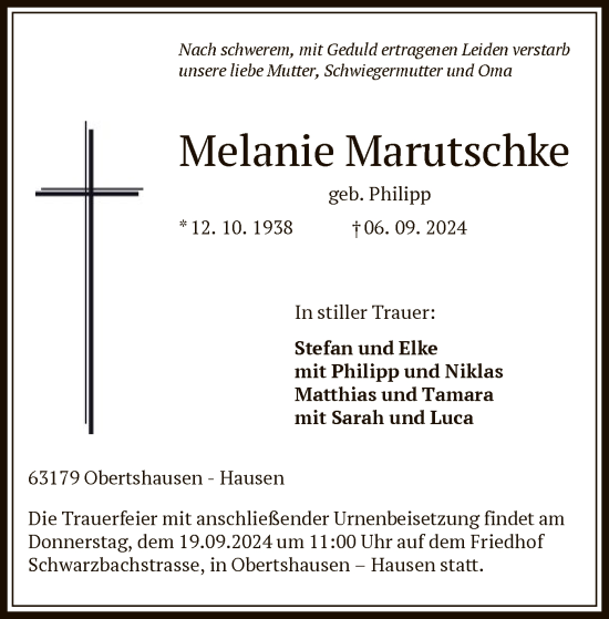 Todesanzeige von Melanie Marutschke von OF