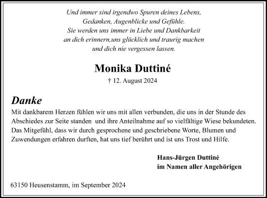 Todesanzeige von Monika Duttiné von OF