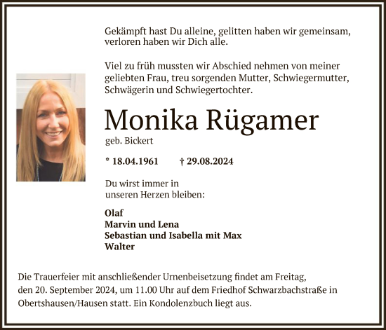 Todesanzeige von Monika Rügamer von OF