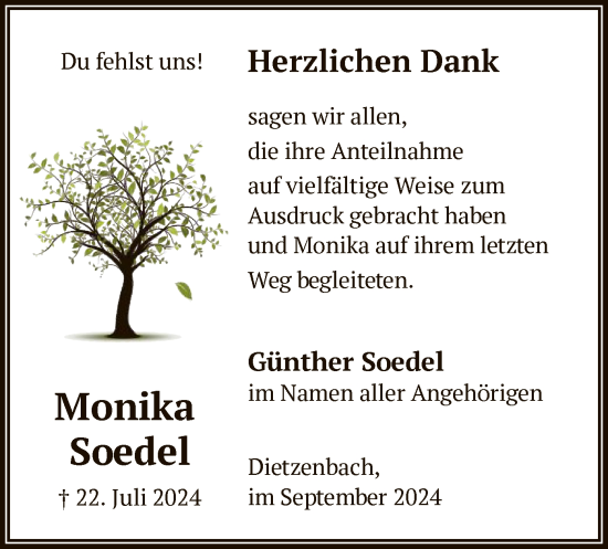 Todesanzeige von Monika Soedel von OF