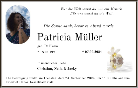 Todesanzeige von Patricia Müller von OF