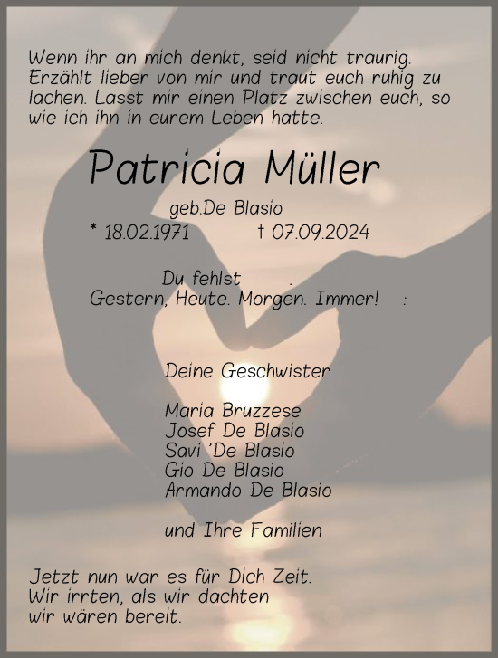 Todesanzeige von Patricia Müller von OF