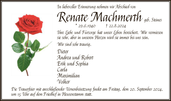 Todesanzeige von Renate Machmerth von OF